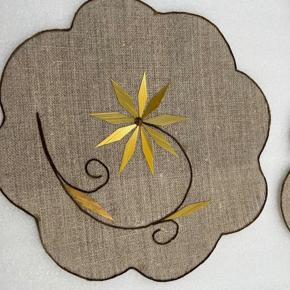Vintage 7 pc Burlap Placemat Set Bamboo Flower Appliqué Handmade Boho Table Rare